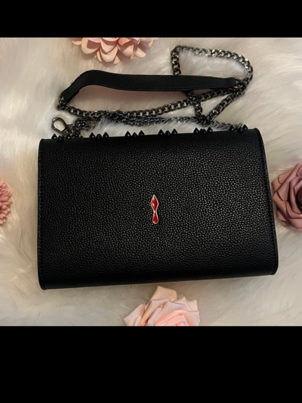 Black Leather Chain Shoulder Bag with Red Accent